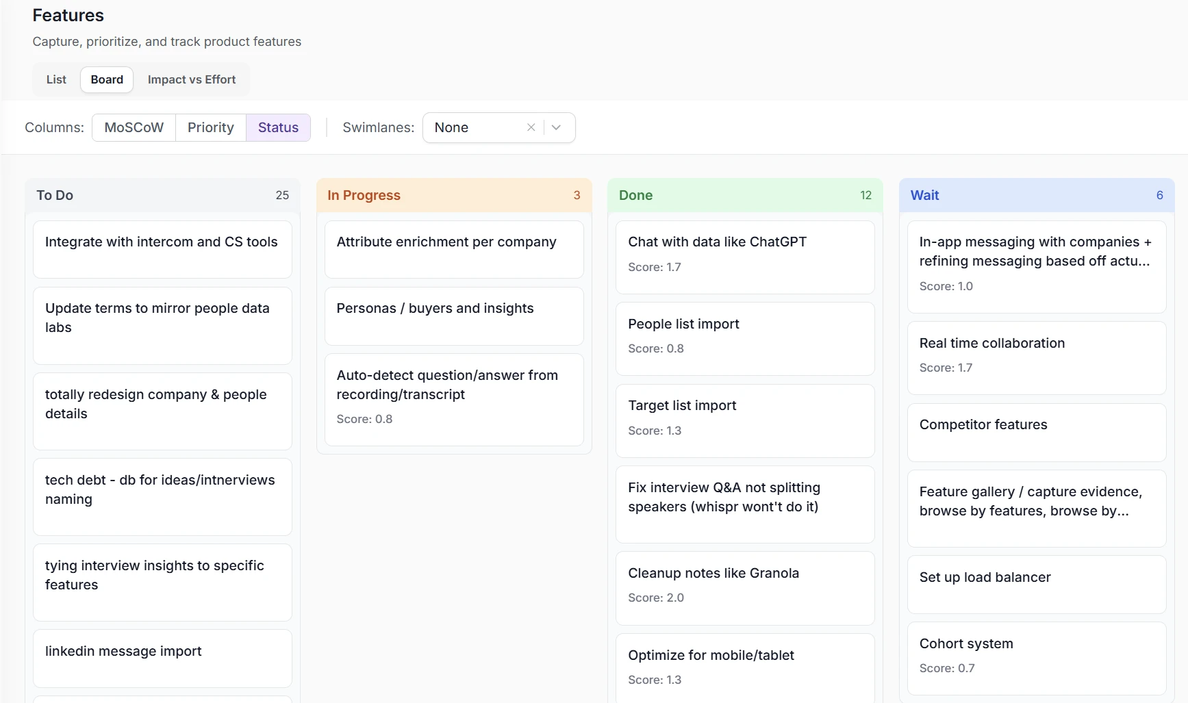 Intervool feature roadmap view