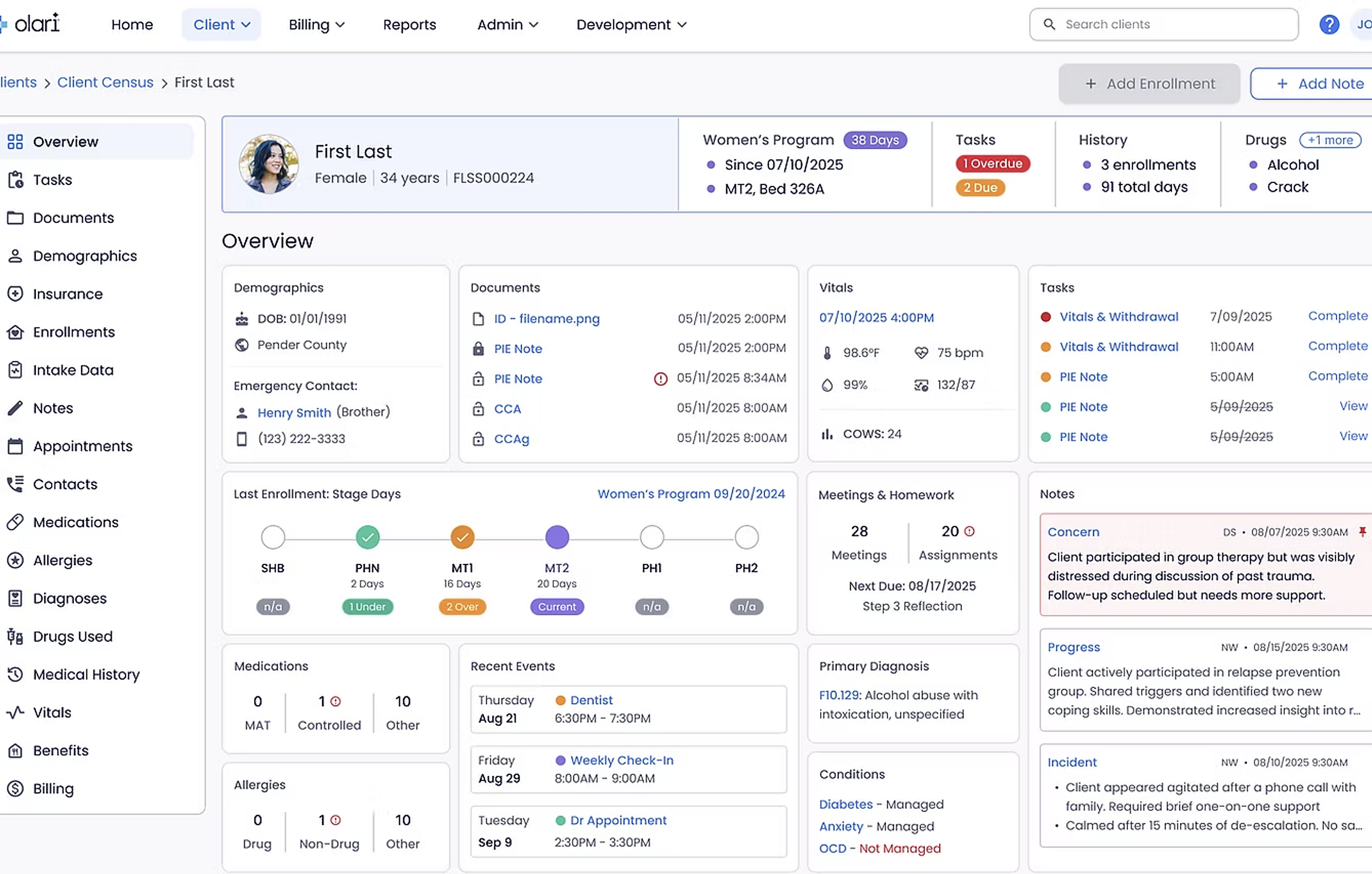 Olari EMR client overview — charts, demographics, scheduling, billing, and care stages