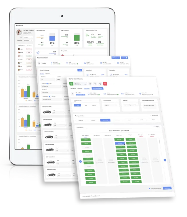 Traver Connect screens across dashboard, contact, and scheduling views